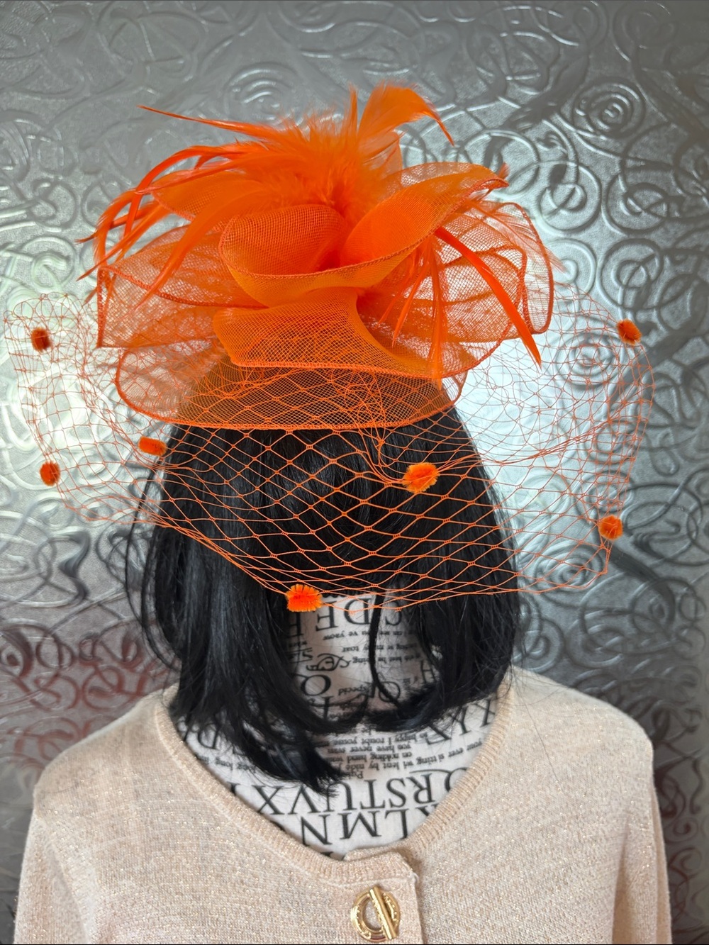 Orange Feather & Veil Fascinator Hat for Women